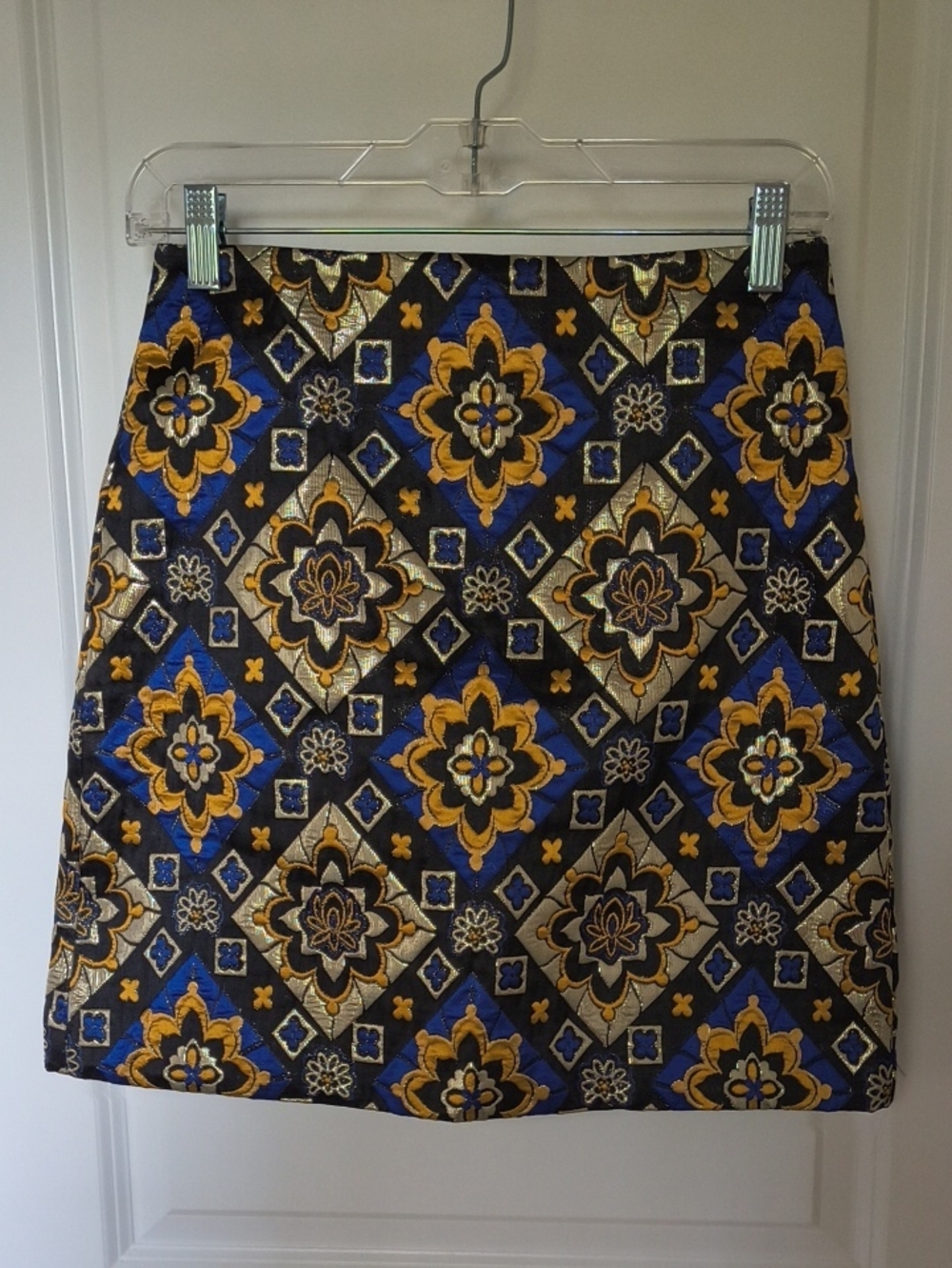 LOFT Blue, Black & Gold Brocade Mini Skirt, Size 2